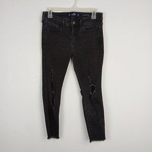 Hollister Low Rise Super Skinny Crop Jeans Juniors 7S Black Distressed Raw Hem